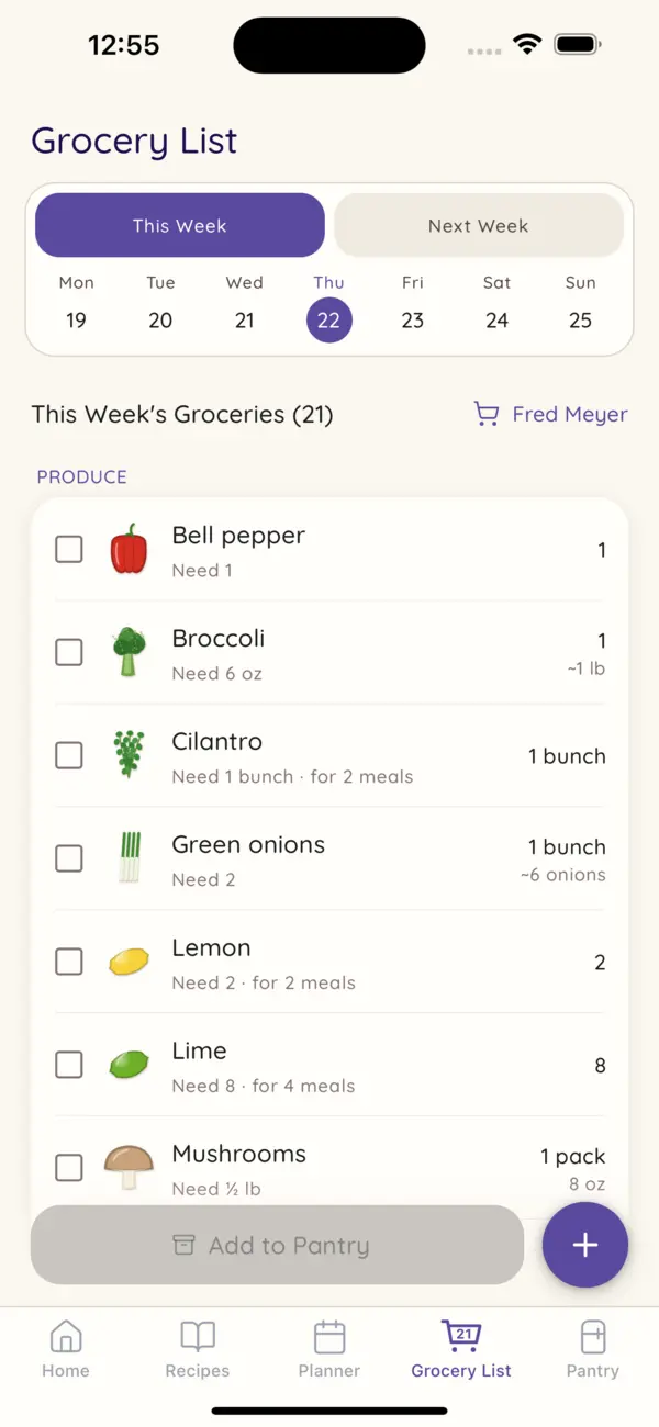 The Grocery List: items grouped by aisle with how much each meal needs